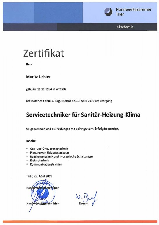 Erfolgreich bestandene Servicetechniker Prüfung für Heizung, Klima & Sanitär